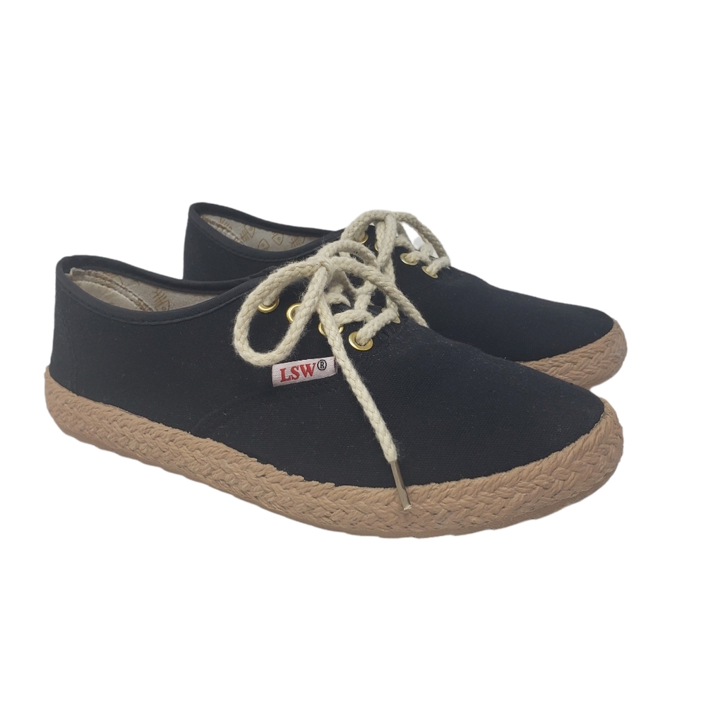 LSW Lace Up Black Tennis Shoes Size 6 Tan Soles Casual Sneakers